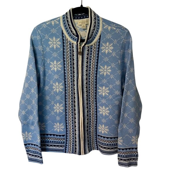Appleseed’s Petites Fair Isle Wool Blend Zip Cardigan Sweater Snowflake Pattern - Picture 1 of 5